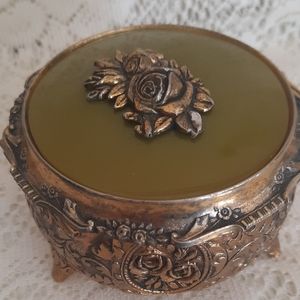 Vintage Brass Footed Trinket Jewelry Box Rose Floral Detail